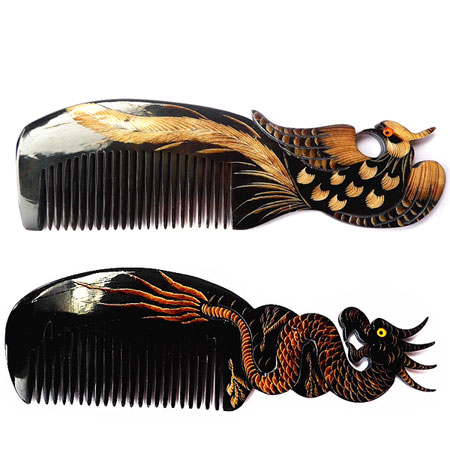 Peine de pelo de cuerno de búfalo natural tallado con Dragon Phoenix